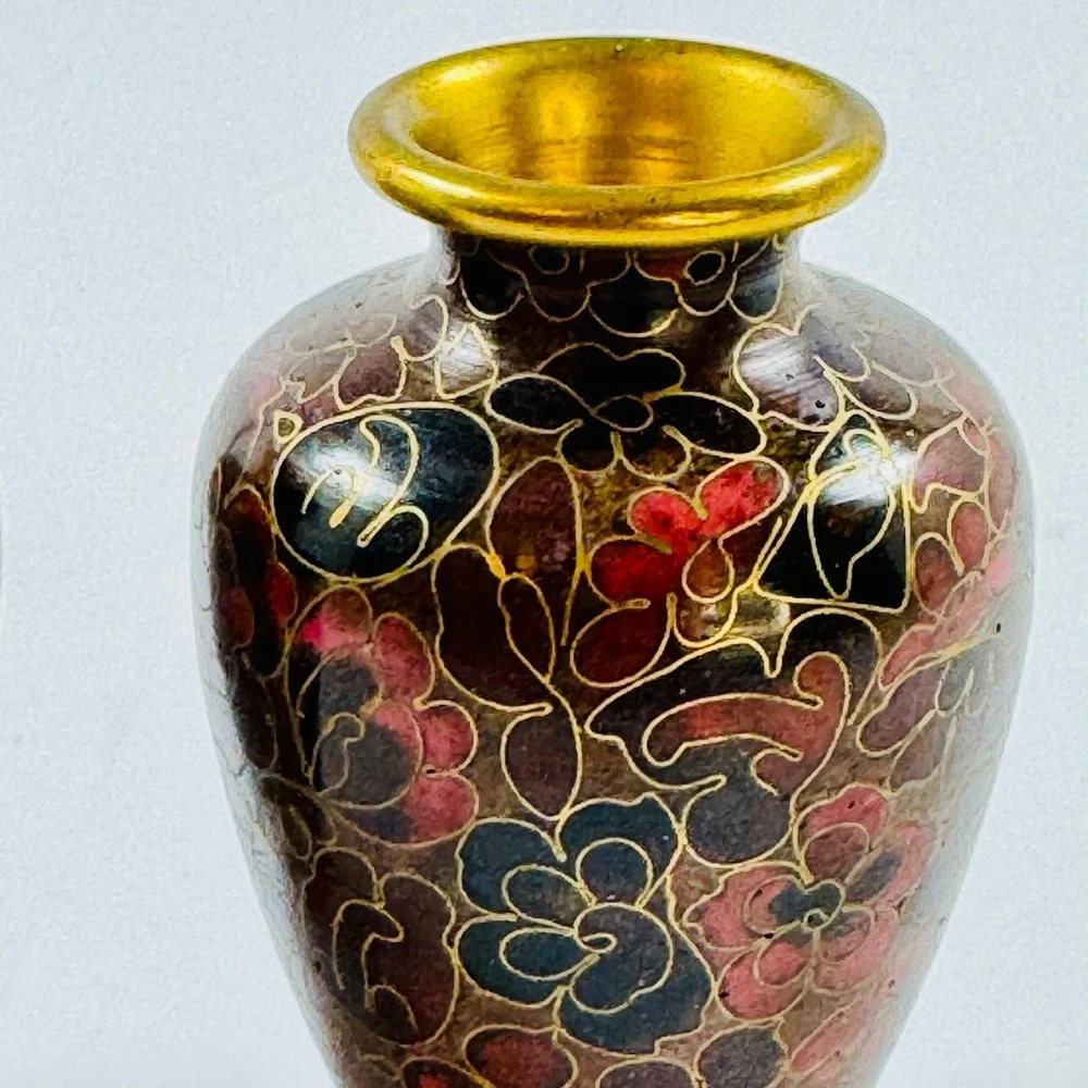 Vintage Cloisonne Miniature Bud Vases Set of 2 Floral Enamel Gold Trim 3 Inch
